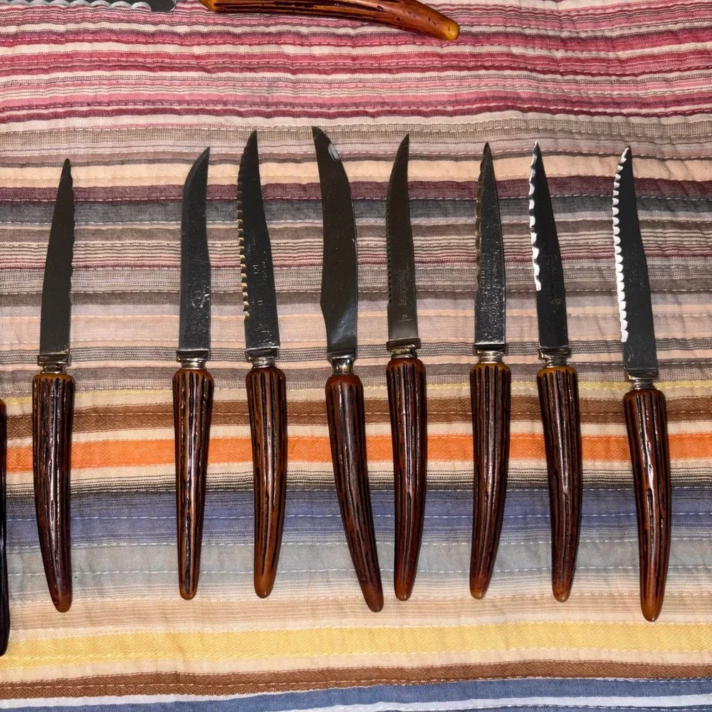 Vtg Sheffield Eng Steak & Butter Knife Set 13pc Faux Horn Handle Stainless Steel